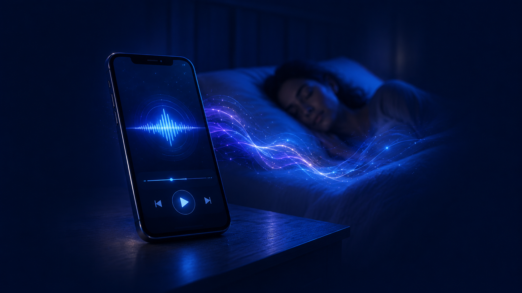Pessoa dormindo com fones de ouvido e ondas cerebrais ao fundo